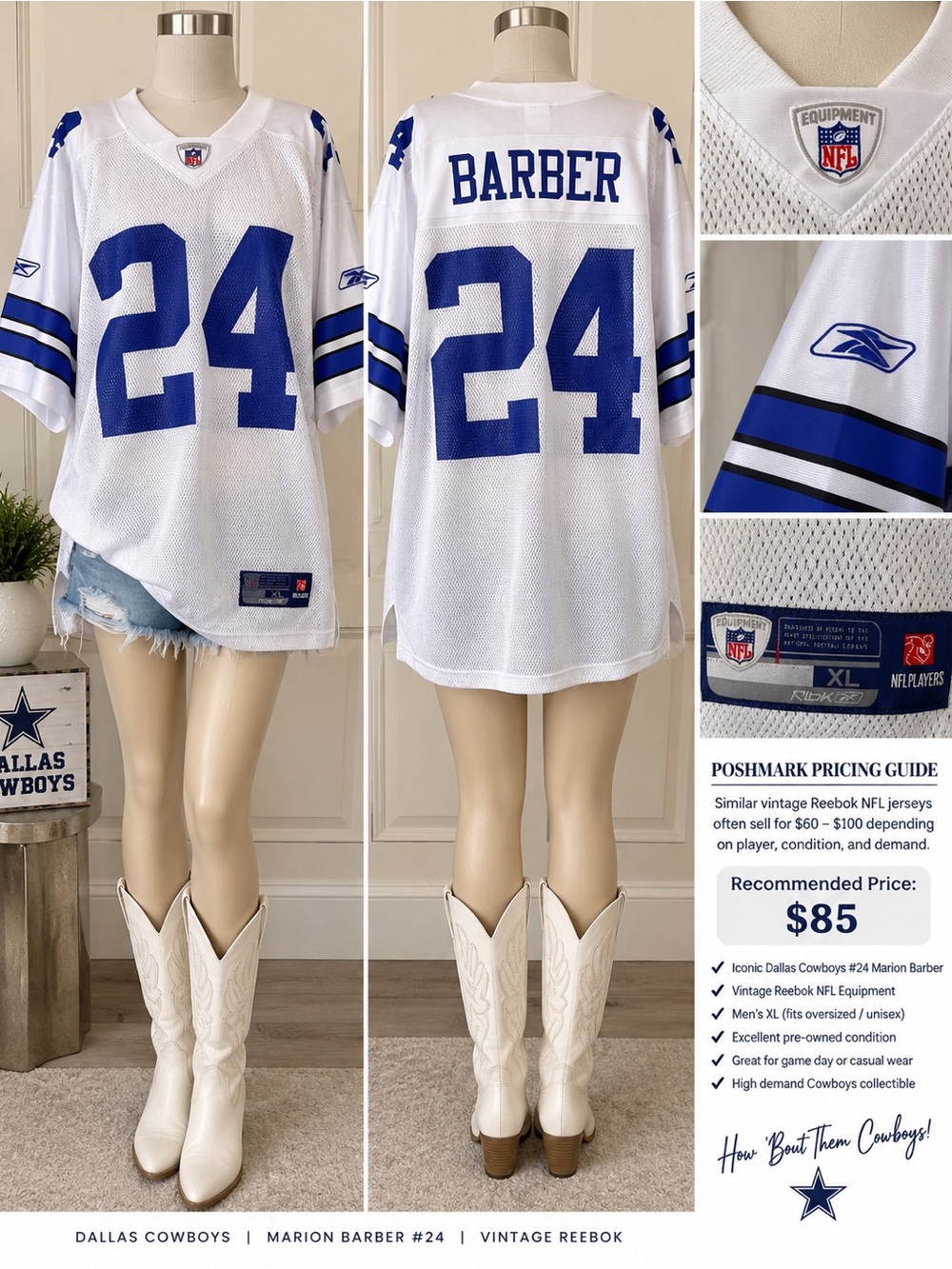 Reebok White & Blue Dallas Cowboys #24 Barber Football Jersey